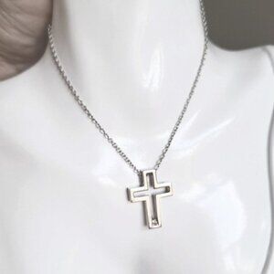 Vintage Sterling Silver Chunky CZ Crystal Cross Pendant Necklace